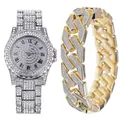 Elegant silver rhinestone watch with Roman numerals and matching gold Cuban bracelet set - Silver With Bracelet Style 2