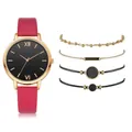 Detail showing red PU leather strap quartz watch and four matching bracelets set - Rose Red Watch With Bracelets
