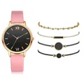 Pink PU leather watch set with four matching gold-toned and black bracelets on white background - Pink With Wristlet