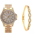 Detail view of gold watch and infinity bracelet set with pavé rhinestones - Gold Watch And Bracelet