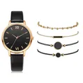 Detail of rose gold quartz watch with black leather strap and four minimalist bracelets - Black With Bracelets