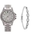 Luxurious silver watch and rhinestone bracelet set for women with diamond accents - Silver Watch And Bracelet