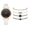 Elegant gold-tone women's watch with white PU leather strap and matching jewelry set - White + Bracelet