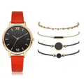 Women's quartz watch set with red PU strap, rose gold case, and four matching bracelets - Red With Bracelets