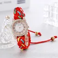 Colorful hand-woven strap watch for women with sparkling rhinestone bezel and Roman numerals - Red