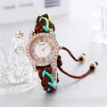 Women's rose gold watch with colorful DIY hand-woven strap and crystal bezel design - Brown