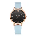 Detail of rose gold watch case with matte black dial and light blue leather strap - Sky Blue Single Watch