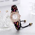 Bohemian handmade woven watch for women with rhinestones and colorful macaron strap - Black