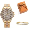 Set de reloj dorado para mujer con diamantes de imitación y pulsera en caja naranja - Conjunto de Caja de Regalo de Reloj y Pulsera Dorados