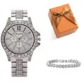 Set de reloj de cuarzo plateado y pulsera de diamantes de imitación para mujer en caja - Conjunto de Caja de Regalo de Reloj y Pulsera Plateados