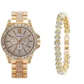 Detalle del reloj de cuarzo dorado para mujer y la pulsera de corazón con diamantes brillantes - Reloj y Pulsera Dorados