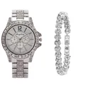 Reloj de cuarzo plateado para mujer y pulsera de corazón con cristales brillantes - Reloj y Pulsera Plateados / Plateado