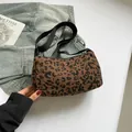 Leopard print corduroy crossbody bag with adjustable wide black shoulder strap - Coffee