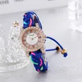 Fashionable women's watch with rhinestone bezel and colorful braided rope strap - Blue