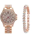 Conjunto de reloj de mujer en oro rosa y pulsera de corazones con pedrería en fondo blanco - Reloj y Pulsera Oro Rosa