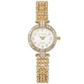 Detail of gold women's watch with rhinestone bezel and unique beaded metal strap - Gold Single Watch