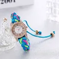 Colorful Macaron braided strap watch for women with rhinestone-encrusted roman dial - Sky Blue