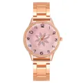 Detailed macro view of rose gold watch face with petal pattern and rhinestone bezel - Watch Only / Pink