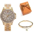 Coffret montre femme à quartz dorée et bracelet diamanté avec pendentif étoile - Montre Dorée + Bracelet + Coffret Orange
