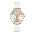 Close-up of rose gold watch case with Eiffel Tower dial and white leather strap - White Watch Only