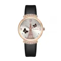 Close-up of silver dial with rose gold Eiffel Tower and butterfly motif on leather watch - Black Watch Only