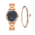 Σετ ρολόι χαλαζία rose gold με καντράν κουνέλι, στρας και βραχιόλι με αστέρι - Rose Gold Blue Dial Watch And Bracelet
