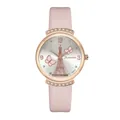 Close-up of pink leather watch dial featuring Eiffel Tower and butterfly designs - Pink Watch Only