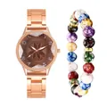 Women's rose gold quartz watch with floral dial and colorful beaded bracelet set - Watch And Bracelet / Brown