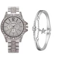 Elegant silver women's quartz watch set with rhinestones and matching star charm bracelet - Silver + Bracelet