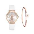 Detail of rose gold Eiffel Tower dial with crystal lugs and white leather strap - White + Bracelet