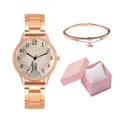 Γυναικείο ρολόι rose gold με σχέδιο κουνέλι, βραχιόλι με στρας και κουτί δώρου - Rose Gold White Dial Watch Bracelet And Box