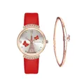 Women's quartz watch with red PU leather strap, rose gold Eiffel Tower dial and star bracelet - Red + Bracelet