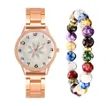 Rose gold quartz watch with flower pattern dial and colorful beaded bracelet set - Watch And Bracelet / White