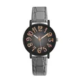 Close-up of a women's quartz watch with black dial and rose gold numerals - Watch Only / Gray