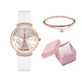 Women's quartz watch gift set with white PU leather strap and Eiffel Tower dial pattern - White + Bracelet + Box