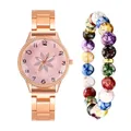 Detail of rose gold floral watch with multi-colored marble beaded bracelet set - Watch And Bracelet / Pink