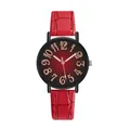 Macro detail of red crocodile leather strap and black gradient dial with gold numerals - Watch Only / Red