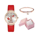 Red leather watch with Eiffel Tower dial and matching star bracelet in a pink gift box - Red + Bracelet + Box