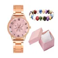 Rose gold watch set with pink floral dial, beaded bracelet, and elegant gift box - Watch Bracelet And Gift Box / Pink