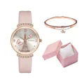 Elegant ladies quartz watch with pink leather strap and star bracelet in a gift box - Pink + Bracelet + Box