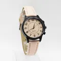 Minimalist black matte women's watch with beige leather strap and Arabic numerals - Pink