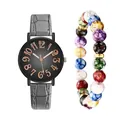 Detail of gray leather strap watch with black dial and colorful beaded bracelet set - Wristwatch And Colored Beaded Bracelet / Gray