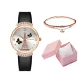 Ladies quartz watch with Eiffel Tower dial, black PU leather strap and star bracelet set - Black + Bracelet + Box