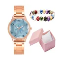 Rose gold quartz watch with blue floral dial, bead bracelet, and pink jewelry gift box - Watch Bracelet And Gift Box / Blue