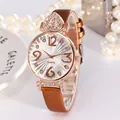 Women's quartz watch with brown leather strap and rose gold rhinestone heart dial - Brown