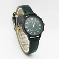 Minimalist women's quartz watch with dark green leather strap and black matte case - Dark Green