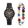 Minimalist women's quartz watch with black leather strap and colorful beaded bracelet set - Wristwatch And Colored Beaded Bracelet / Black