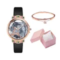 Bohemian women's watch set with deer motif, star bracelet and pink jewelry gift box - Black + Bracelet + Box
