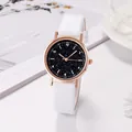Women's quartz watch with black starry sky dial and white leather strap in rose gold case - White