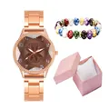 Rose gold watch with floral dial, beaded bracelet, and pink gift box set for women - Watch Bracelet And Gift Box / Brown